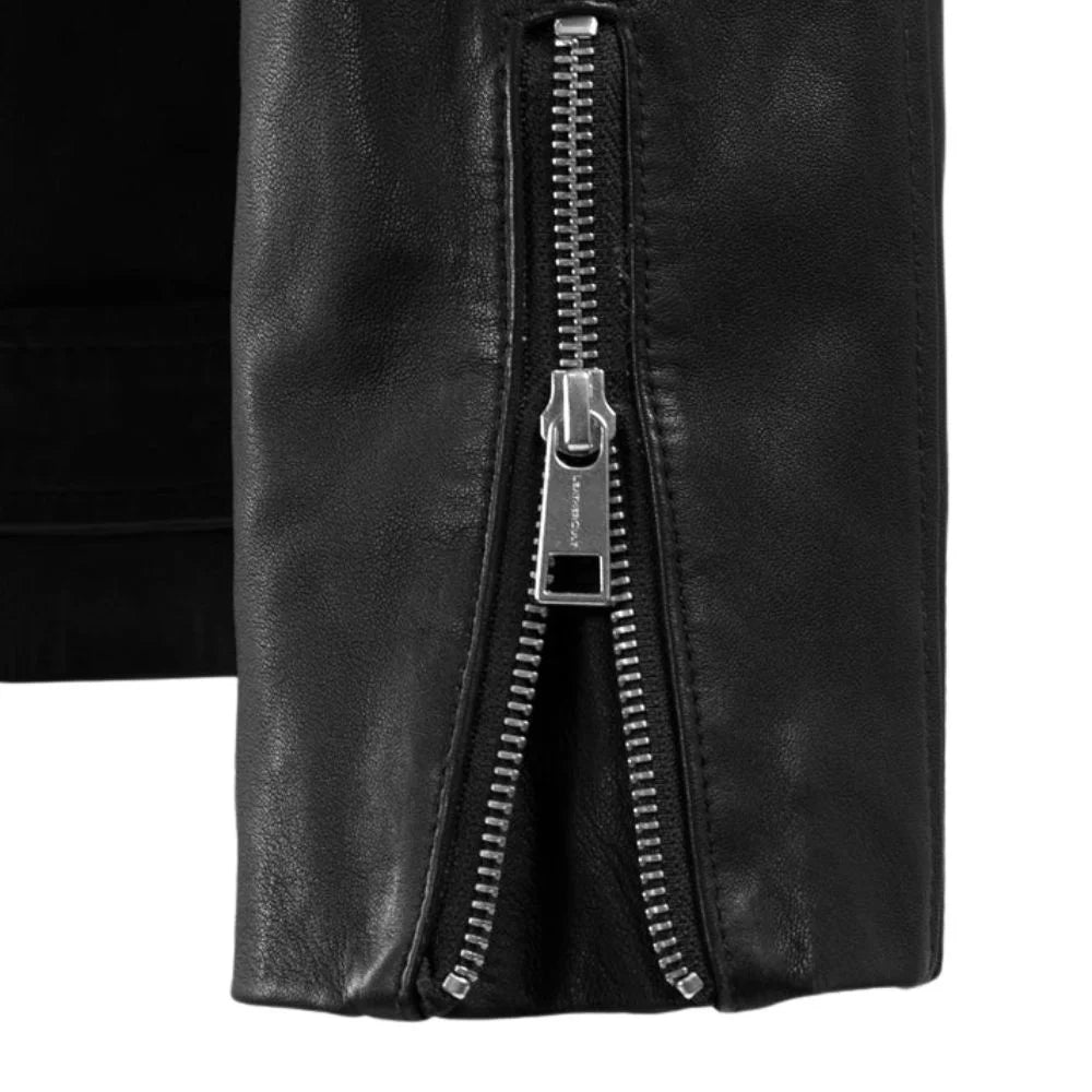 Black Leather Asymmetric Zip Wide-Lapel Jacket