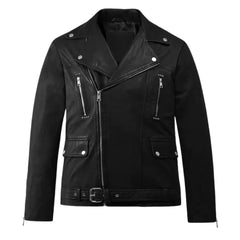 Black Leather Asymmetric Zip Wide-Lapel Jacket