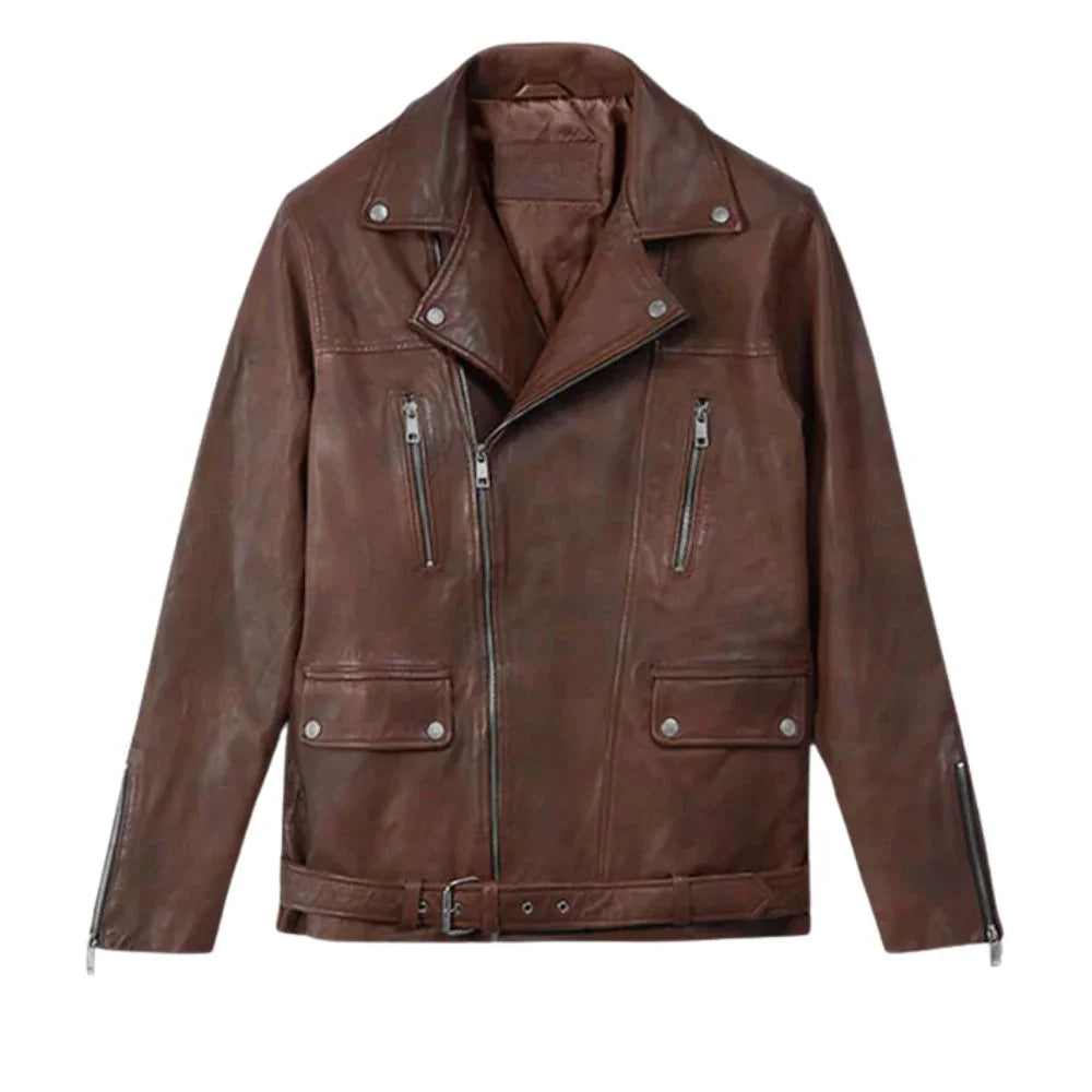 Brown Leather Wide-Lapel Asymmetric-Zip Jacket