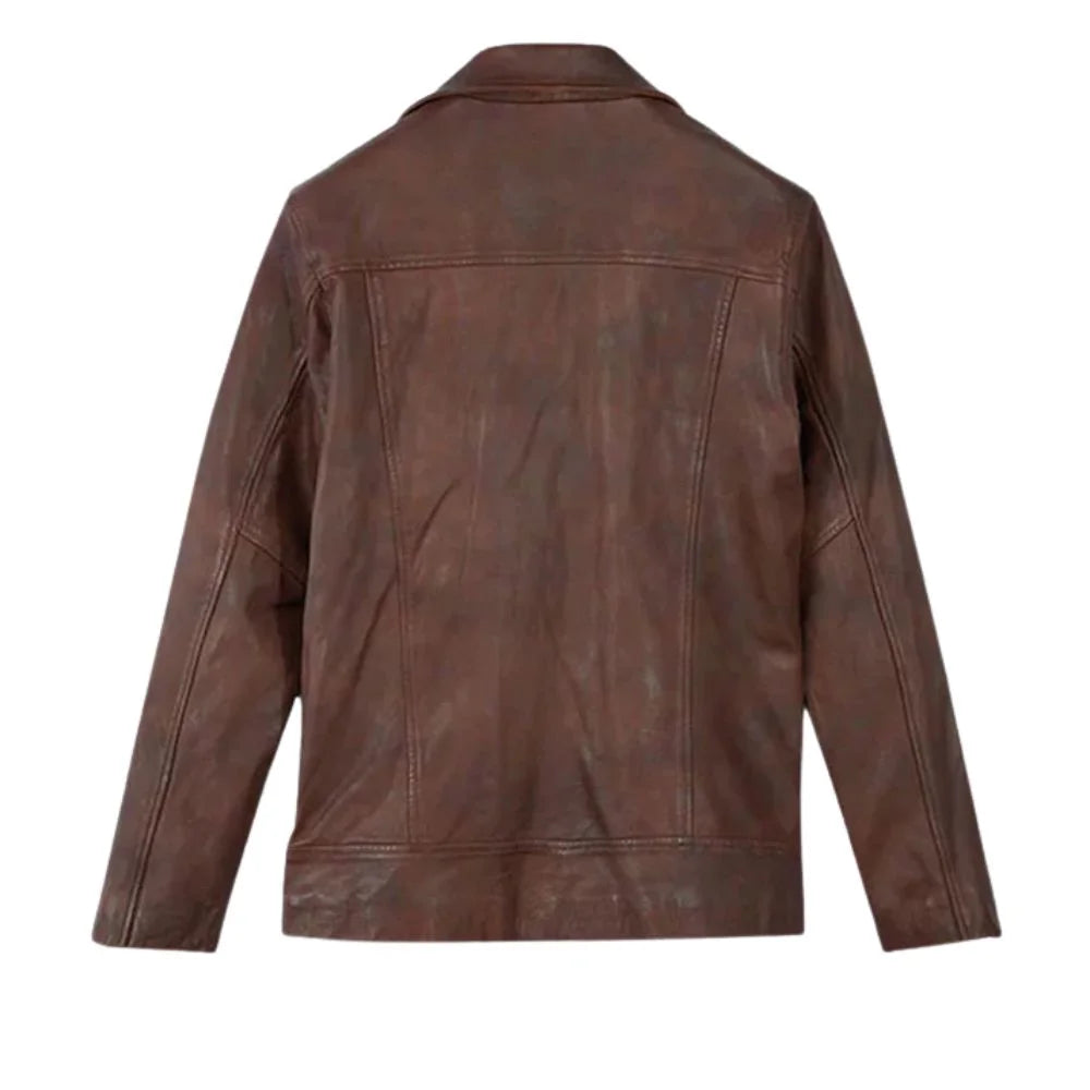 Brown Leather Wide-Lapel Asymmetric-Zip Jacket