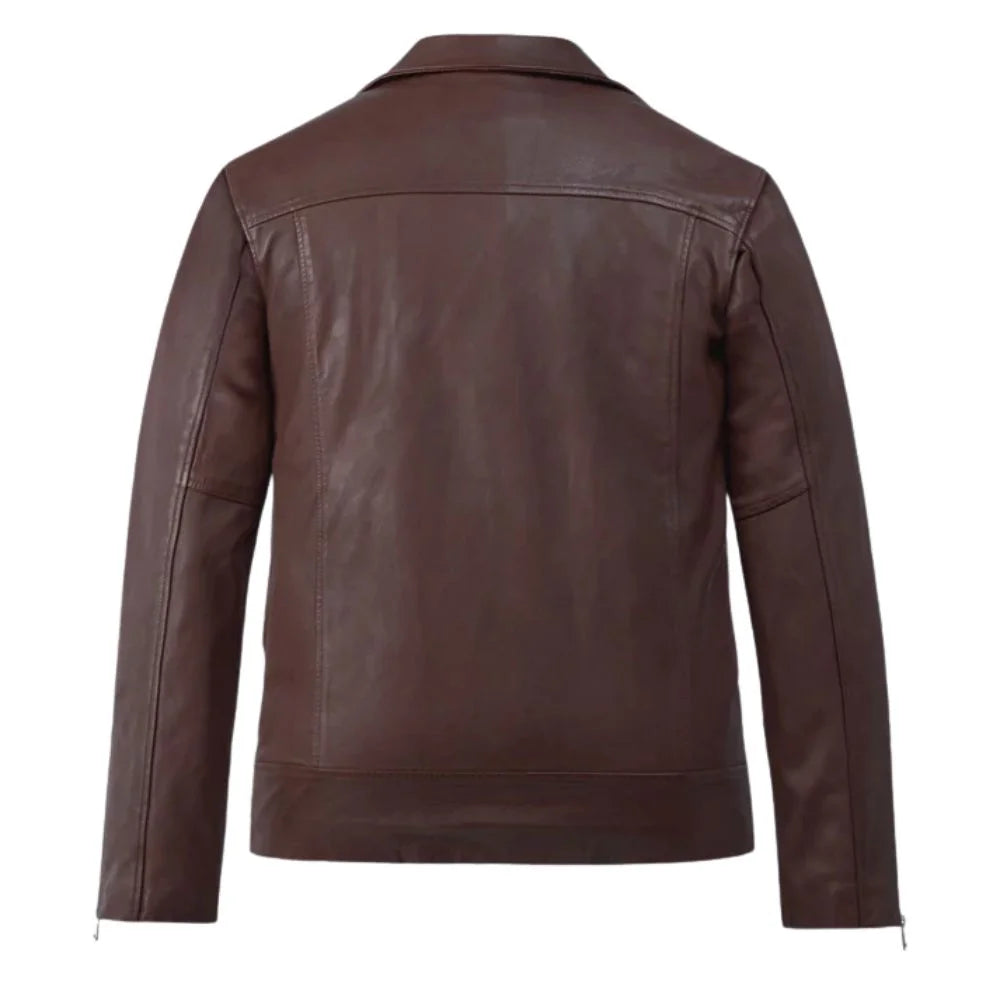 Brown Leather Wide-Lapel Asymmetrical-Zip Jacket