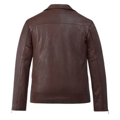 Brown Leather Wide-Lapel Asymmetrical-Zip Jacket