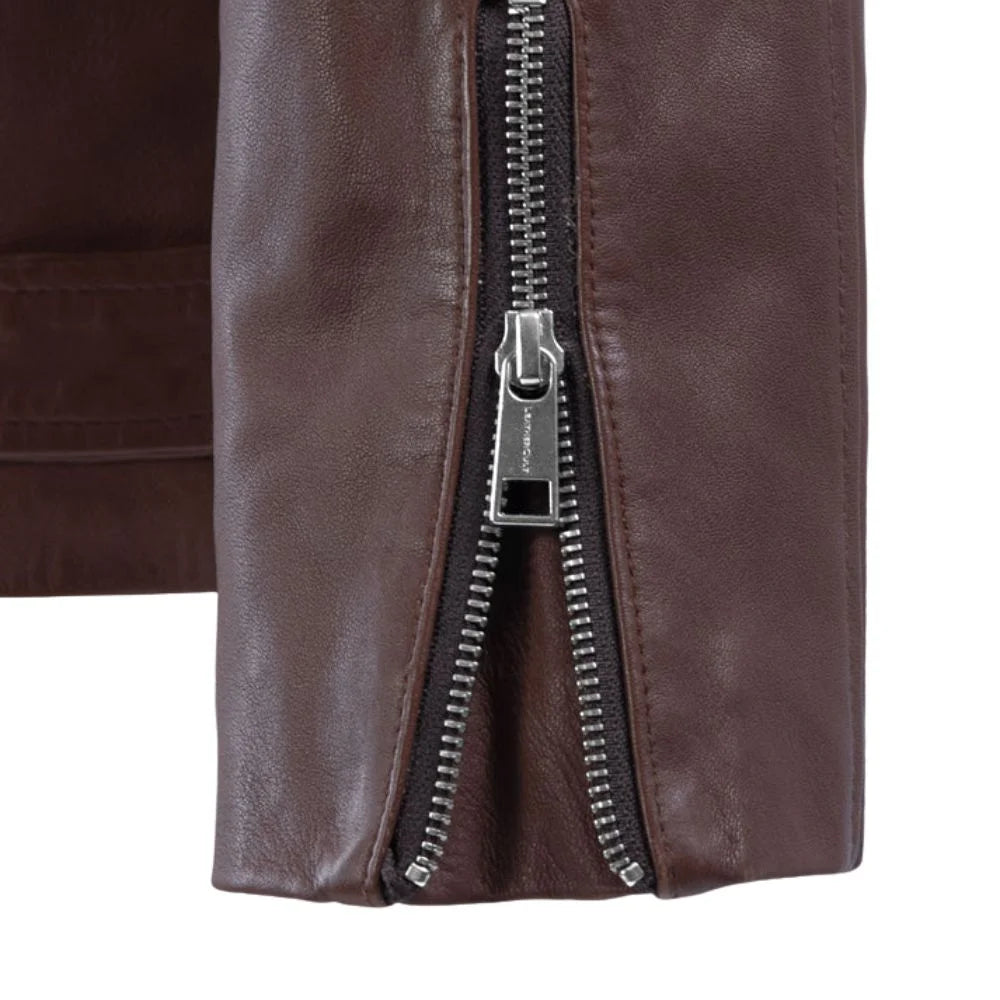 Brown Leather Wide-Lapel Asymmetrical-Zip Jacket
