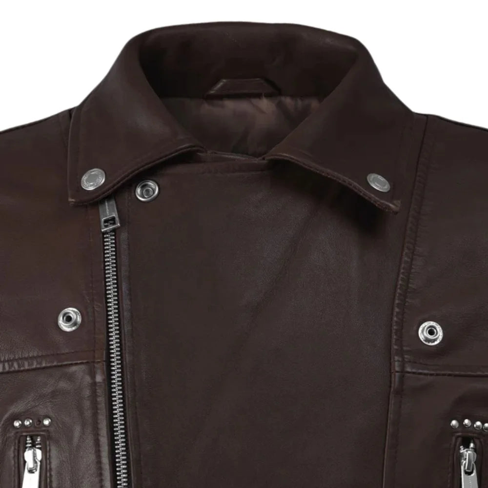 Dark Brown Leather Asymmetric Zip Belted Jacket