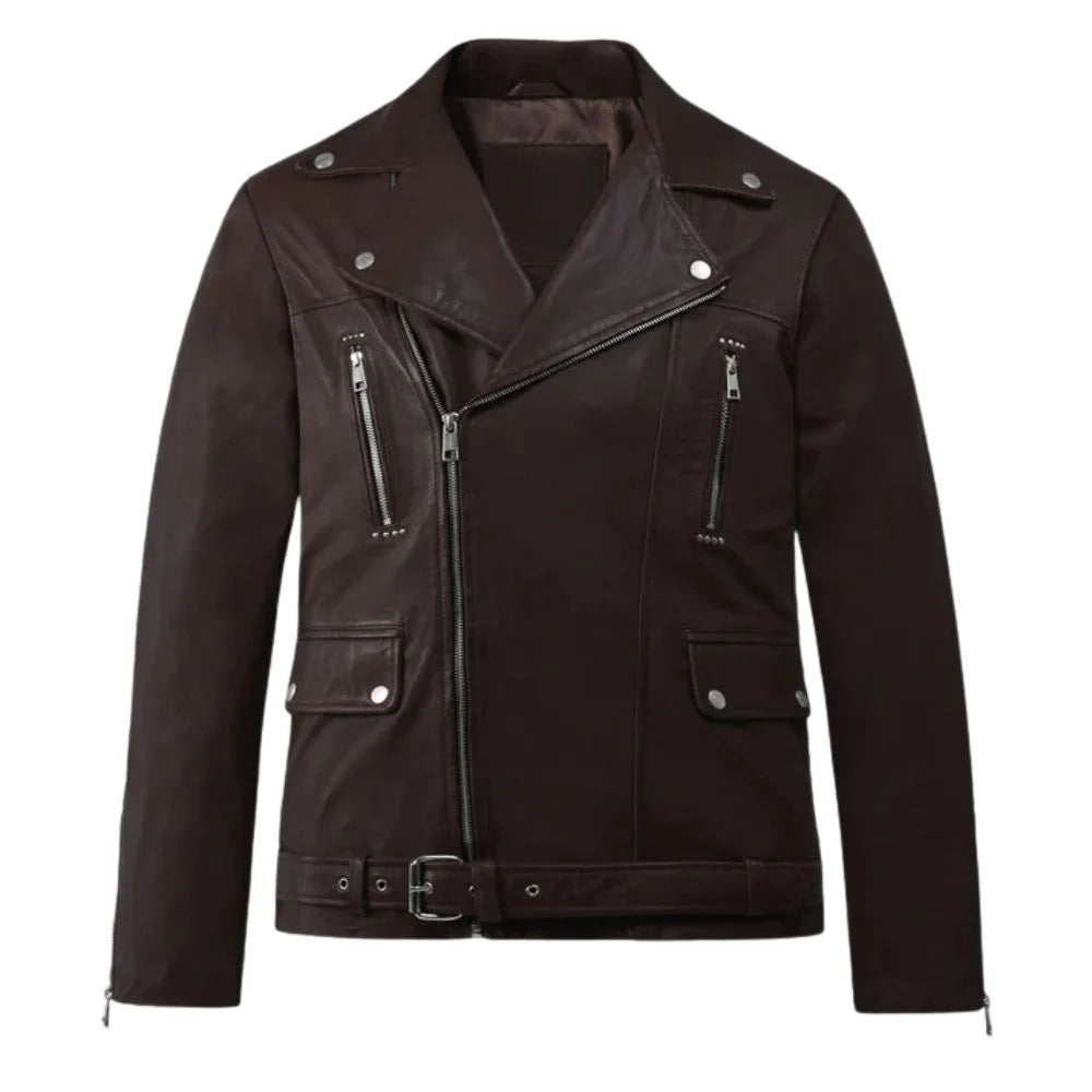 Dark Brown Leather Asymmetric Zip Belted Jacket
