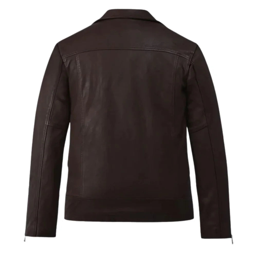 Dark Brown Leather Asymmetric Zip Belted Jacket