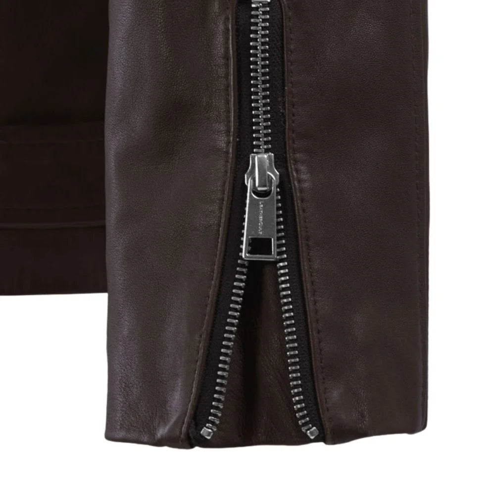 Dark Brown Leather Asymmetric Zip Belted Jacket