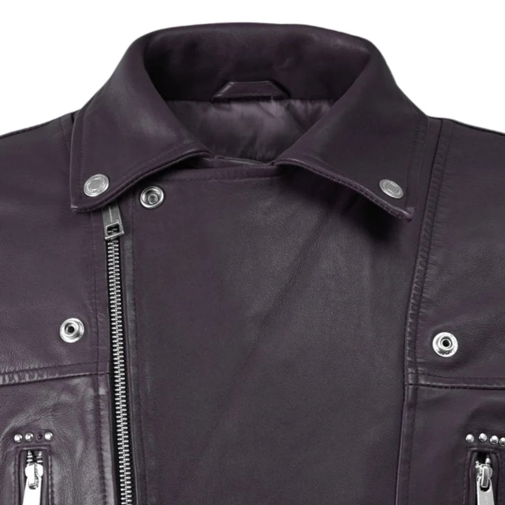 Purple Leather Wide Lapel Belted-Hem Jacket