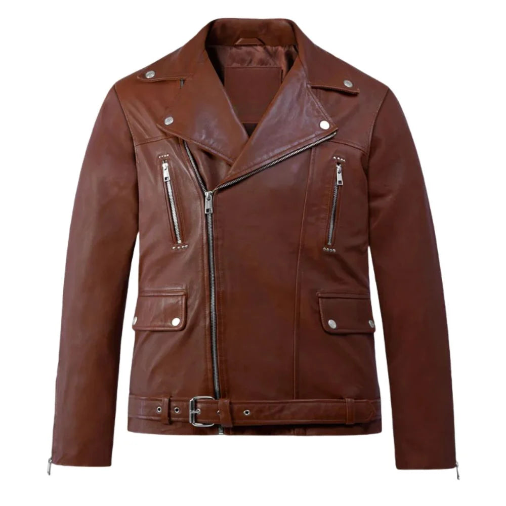 Tan Leather Asymmetric Zip Wide Lapel Jacket