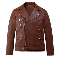 Tan Leather Asymmetric Zip Wide Lapel Jacket