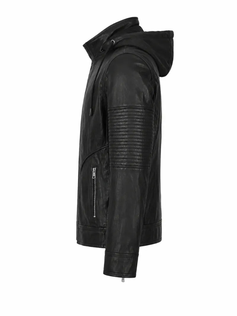 Men’s Classic Black Hooded Leather Jacket Left