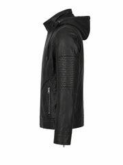 Men’s Classic Black Hooded Leather Jacket Left
