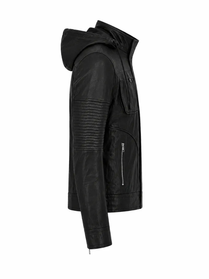 Men’s Classic Black Hooded Leather Jacket Right 