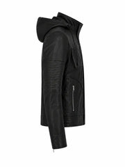 Men’s Classic Black Hooded Leather Jacket Right 