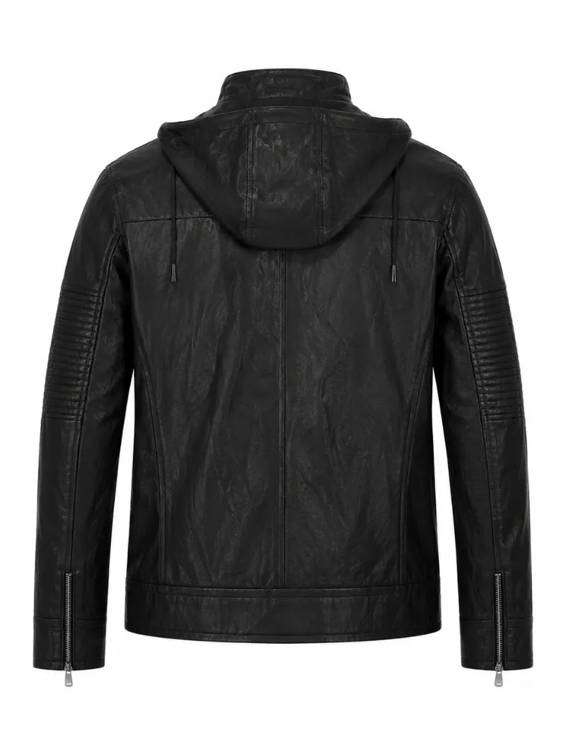 Men’s Classic Black Hooded Leather Jacket Back 