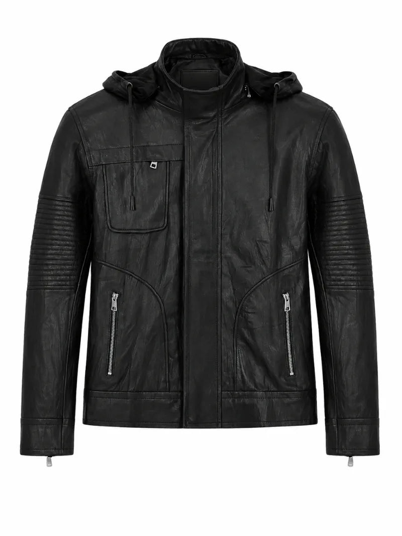 Men’s Classic Black Hooded Leather Jacket Front 