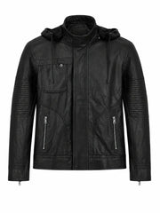 Men’s Classic Black Hooded Leather Jacket Front 