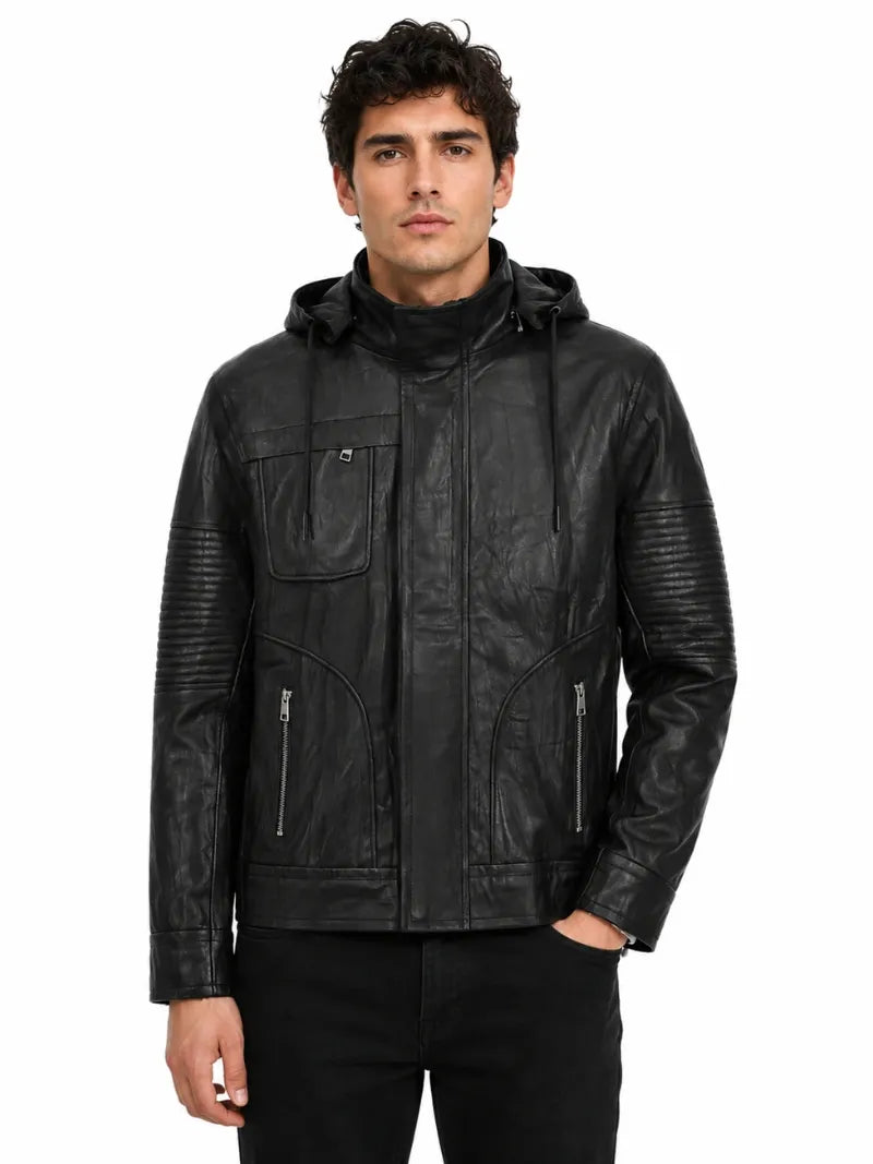 Men’s Classic Black Hooded Leather Jacket Full 