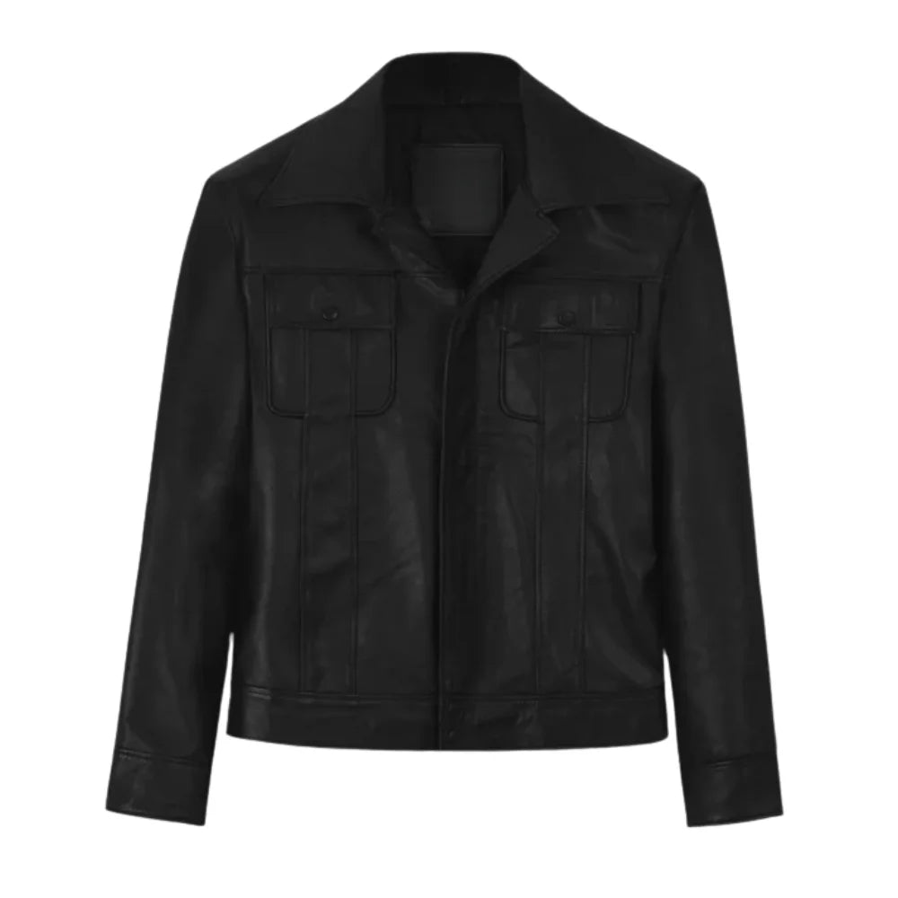 Men’s Classic Black Leather Jacket with Flap Pockets