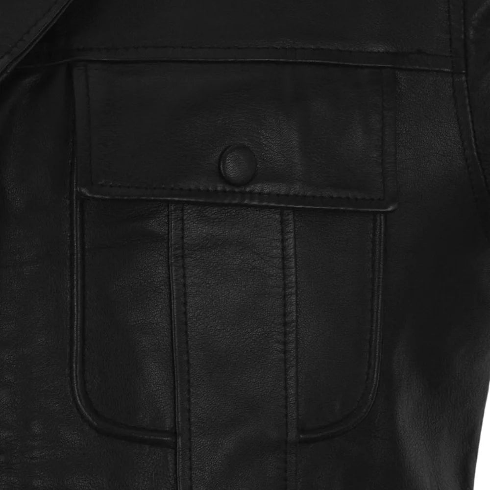 Men’s Classic Black Leather Jacket with Flap Pockets