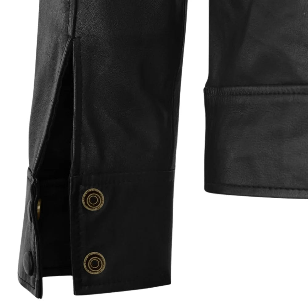 Men’s Classic Black Leather Jacket with Flap Pockets