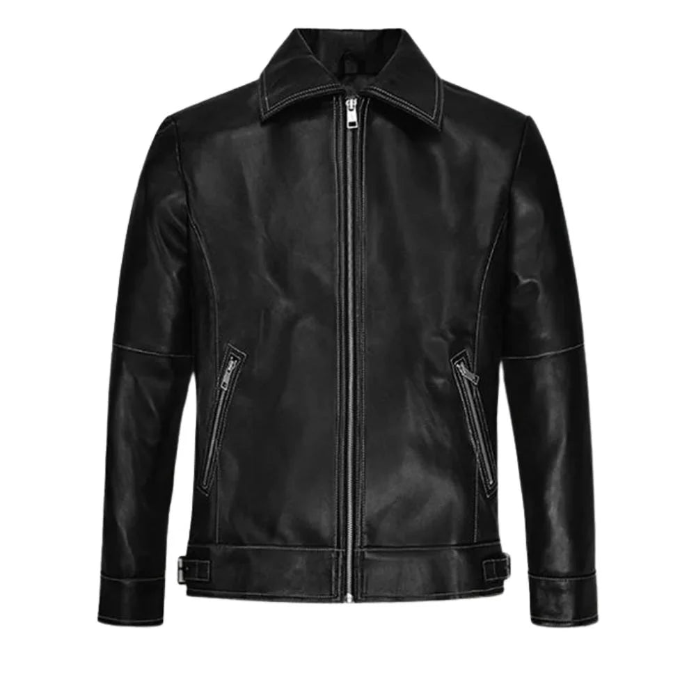 Men’s Classic Black Leather Jacket with Shirt Collar