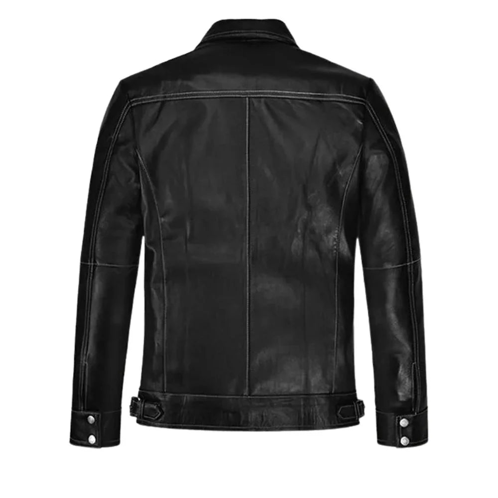 Men’s Classic Black Leather Jacket with Shirt Collar