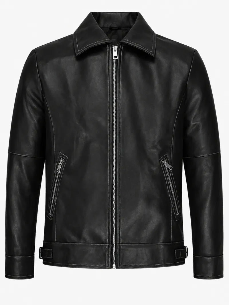 Men’s Classic Black Leather Jacket with Shirt Collar Front 
