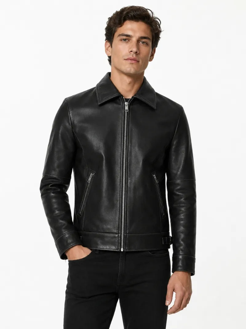 Men’s Classic Black Leather Jacket with Shirt Collar Full