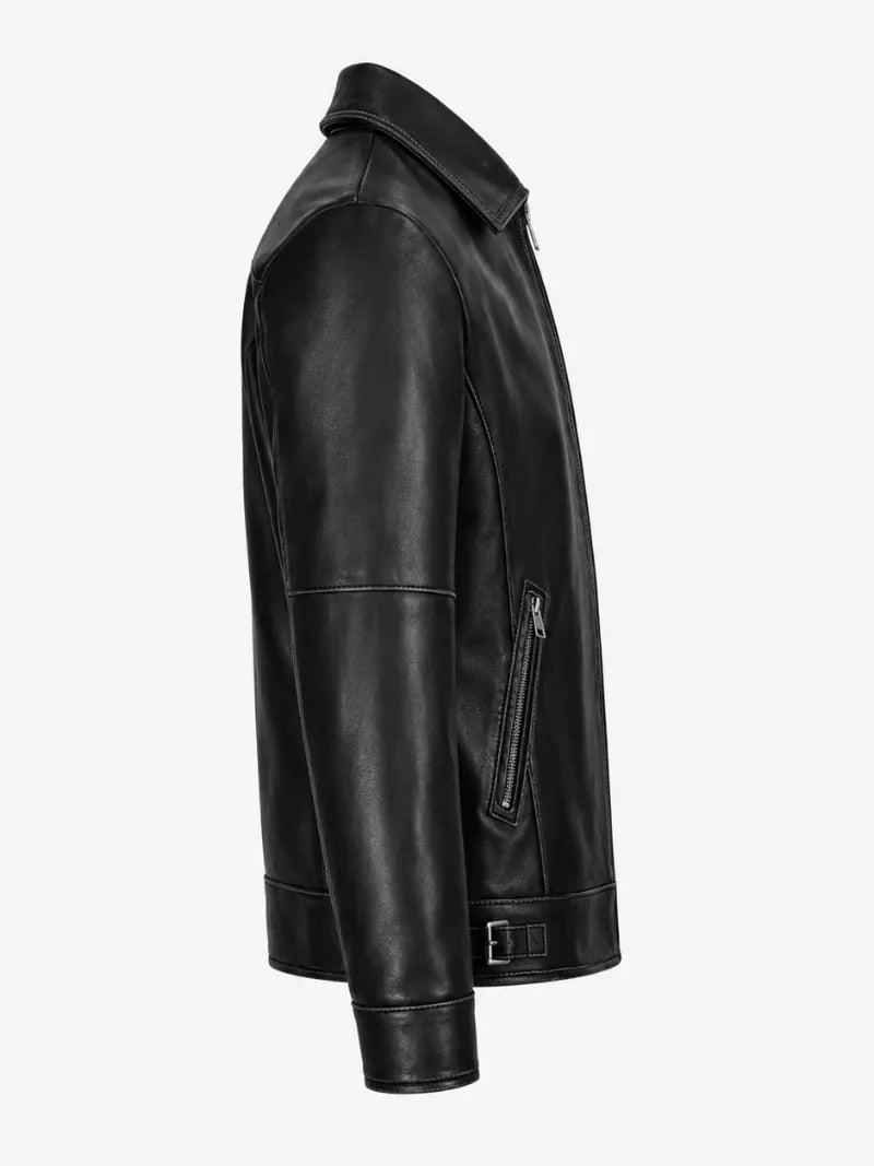 Men’s Classic Black Leather Jacket with Shirt Collar Right 