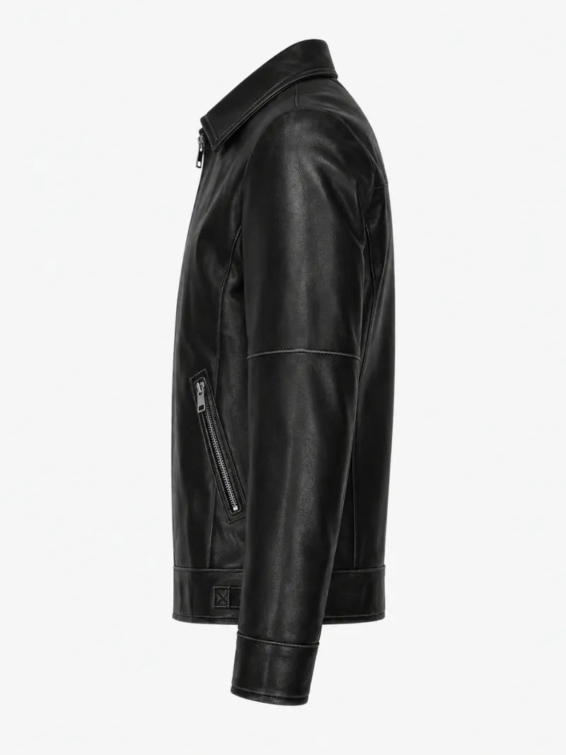 Men’s Classic Black Leather Jacket with Shirt Collar Left 