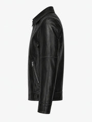 Men’s Classic Black Leather Jacket with Shirt Collar Left 