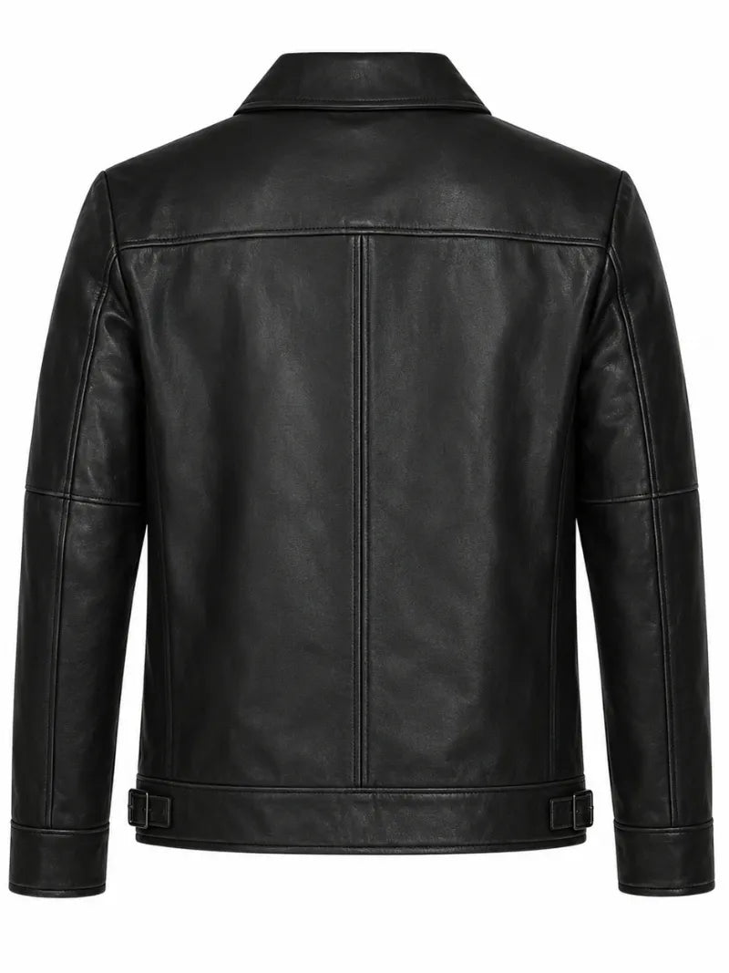 Men’s Classic Black Leather Jacket with Shirt Collar Back 