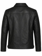Men’s Classic Black Leather Jacket with Shirt Collar Back 