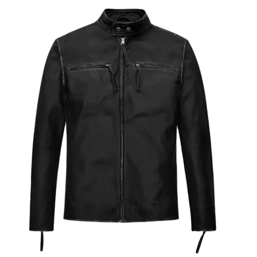 Men’s Classic Black Leather Jacket with Zipper Pockets
