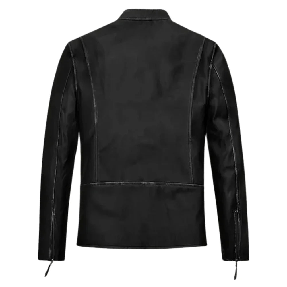 Men’s Classic Black Leather Jacket with Zipper Pockets