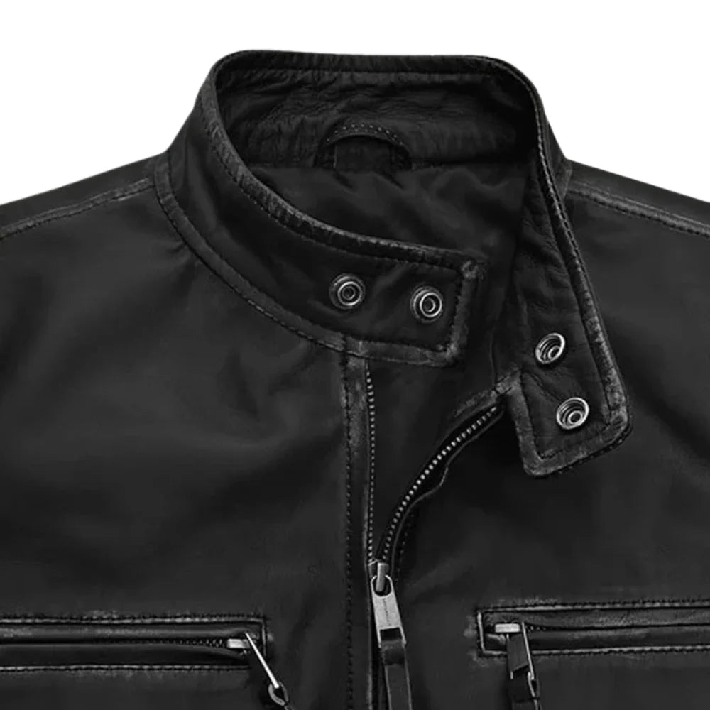 Men’s Classic Black Leather Jacket with Zipper Pockets