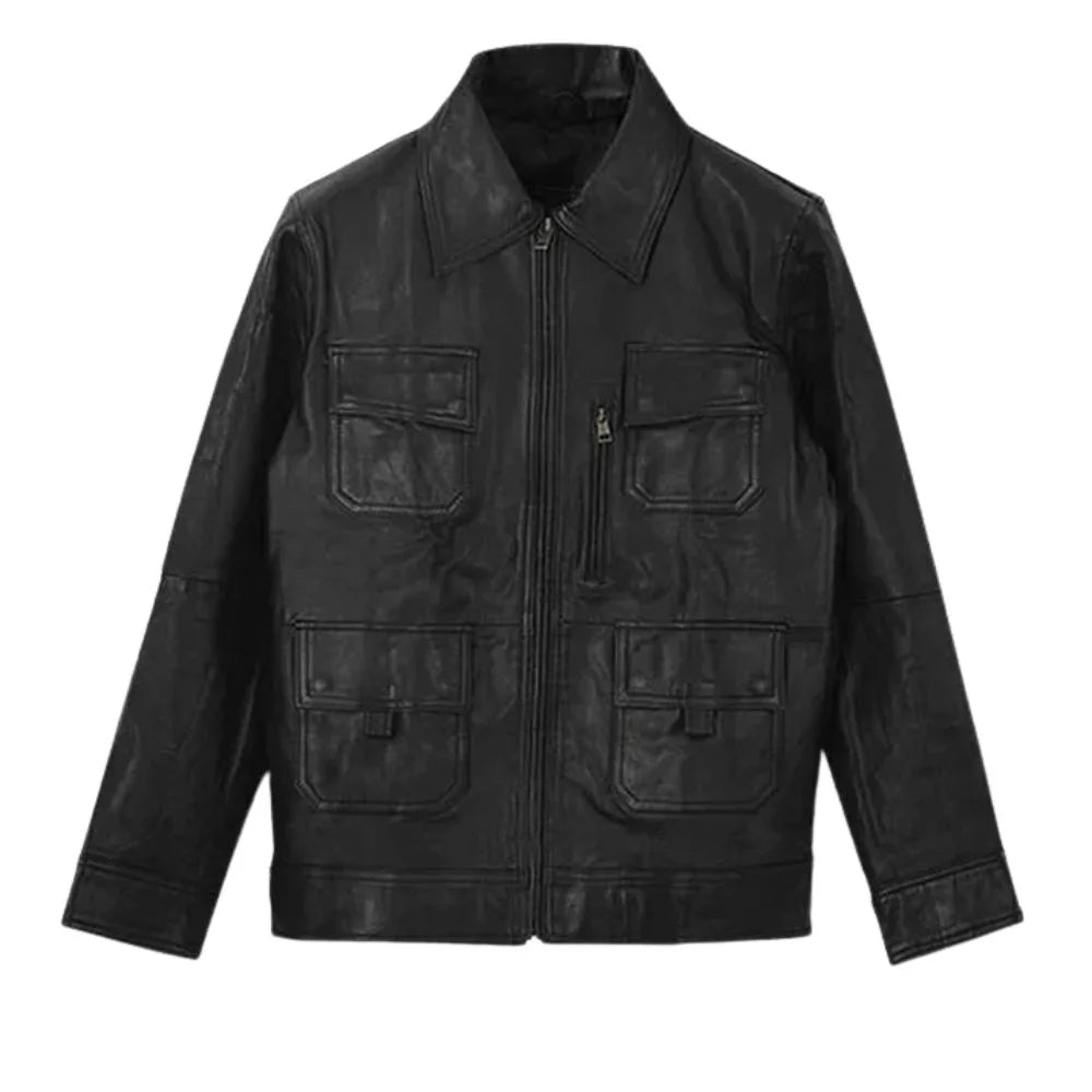 Men’s Classic Black Multi-Pocket Leather Jacket