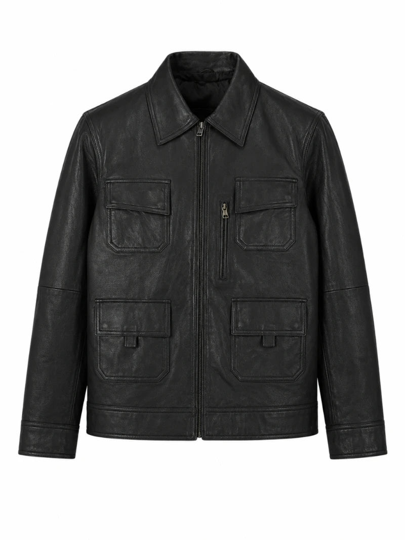 Men’s Classic Black Multi-Pocket Leather Jacket Front 