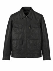 Men’s Classic Black Multi-Pocket Leather Jacket Front 