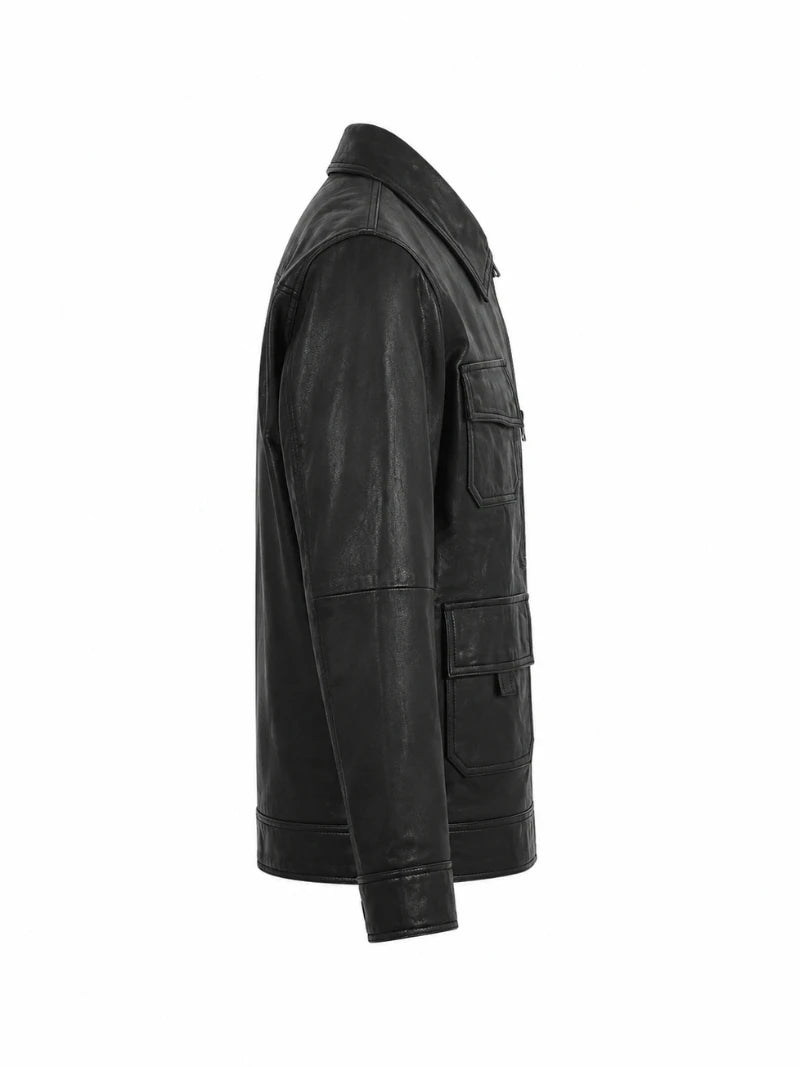 Men’s Classic Black Multi-Pocket Leather Jacket Right 