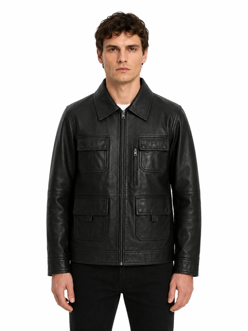 Men’s Classic Black Multi-Pocket Leather Jacket Full