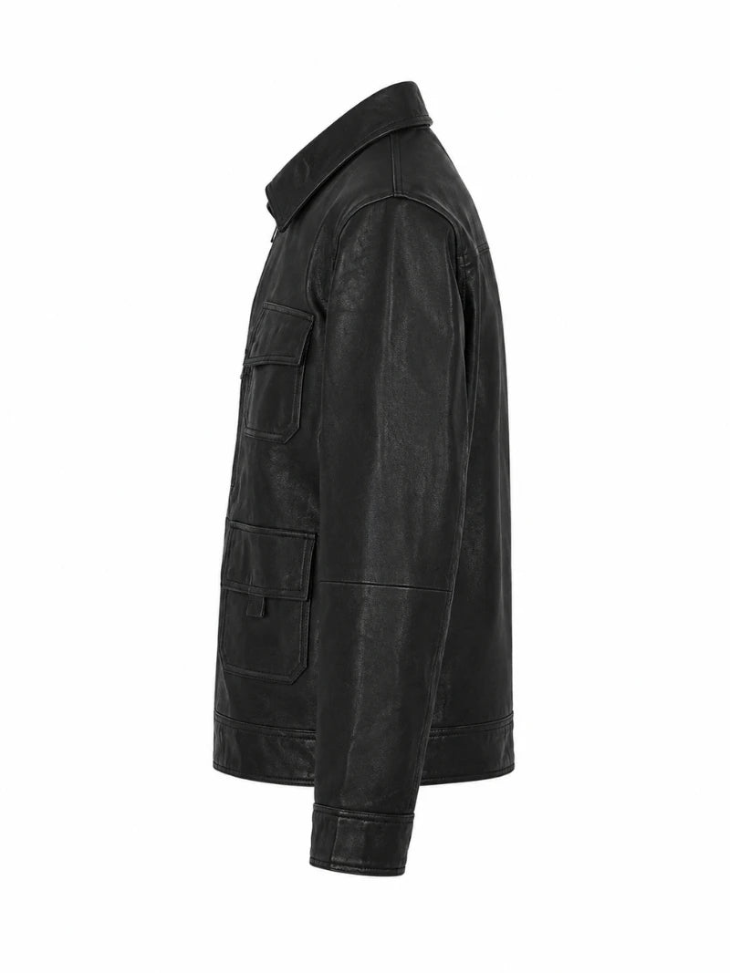 Men’s Classic Black Multi-Pocket Leather Jacket Left 