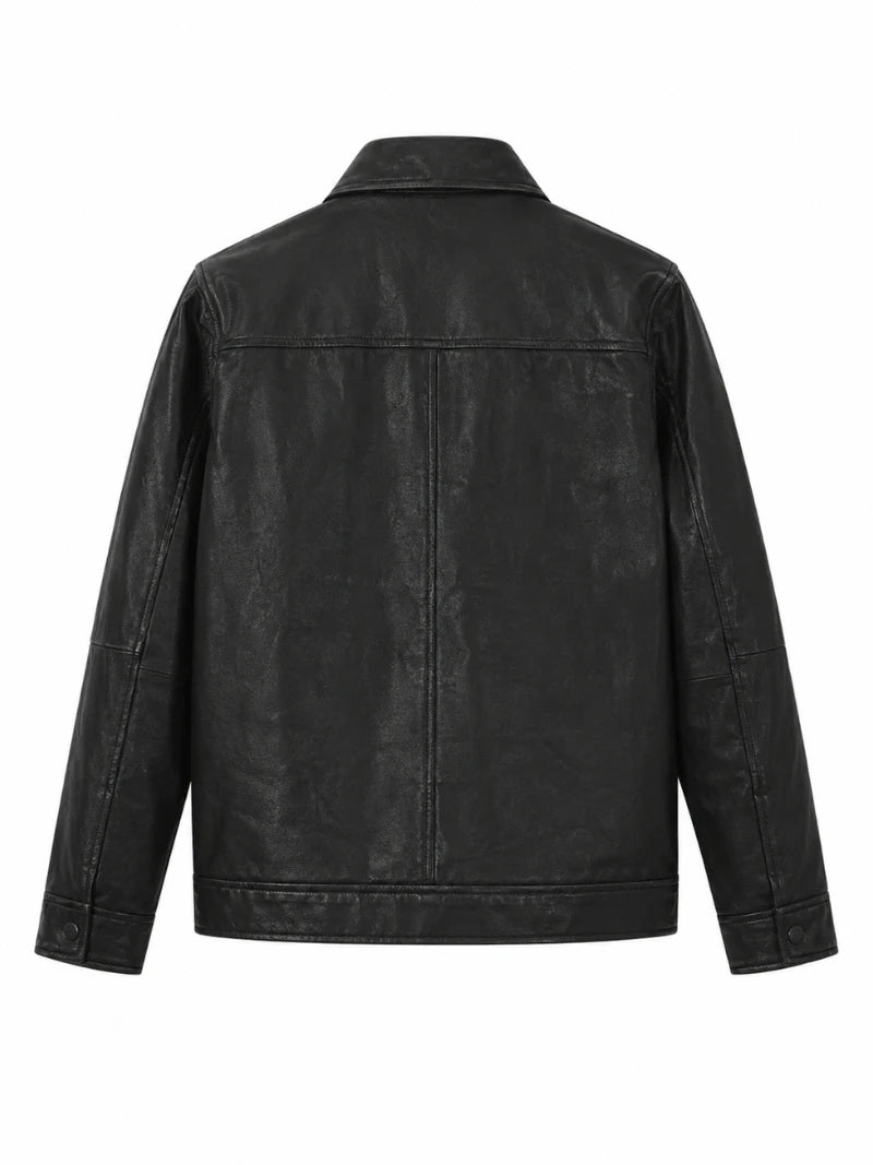 Men’s Classic Black Multi-Pocket Leather Jacket Back 