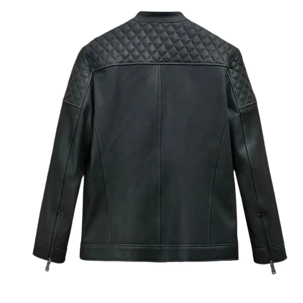 Men’s Classic Black Quilted Shoulder Leather Jacket