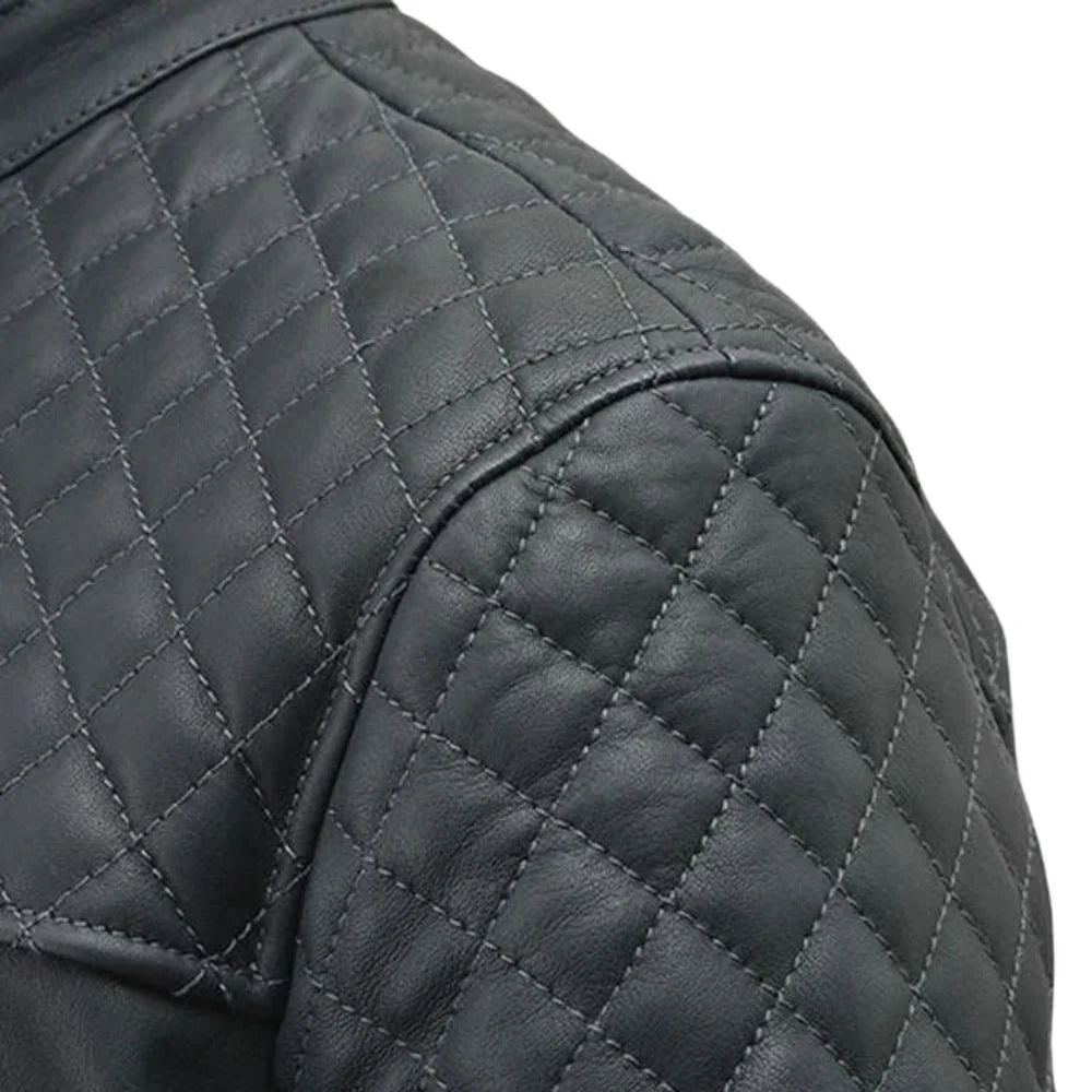 Men’s Classic Black Quilted Shoulder Leather Jacket