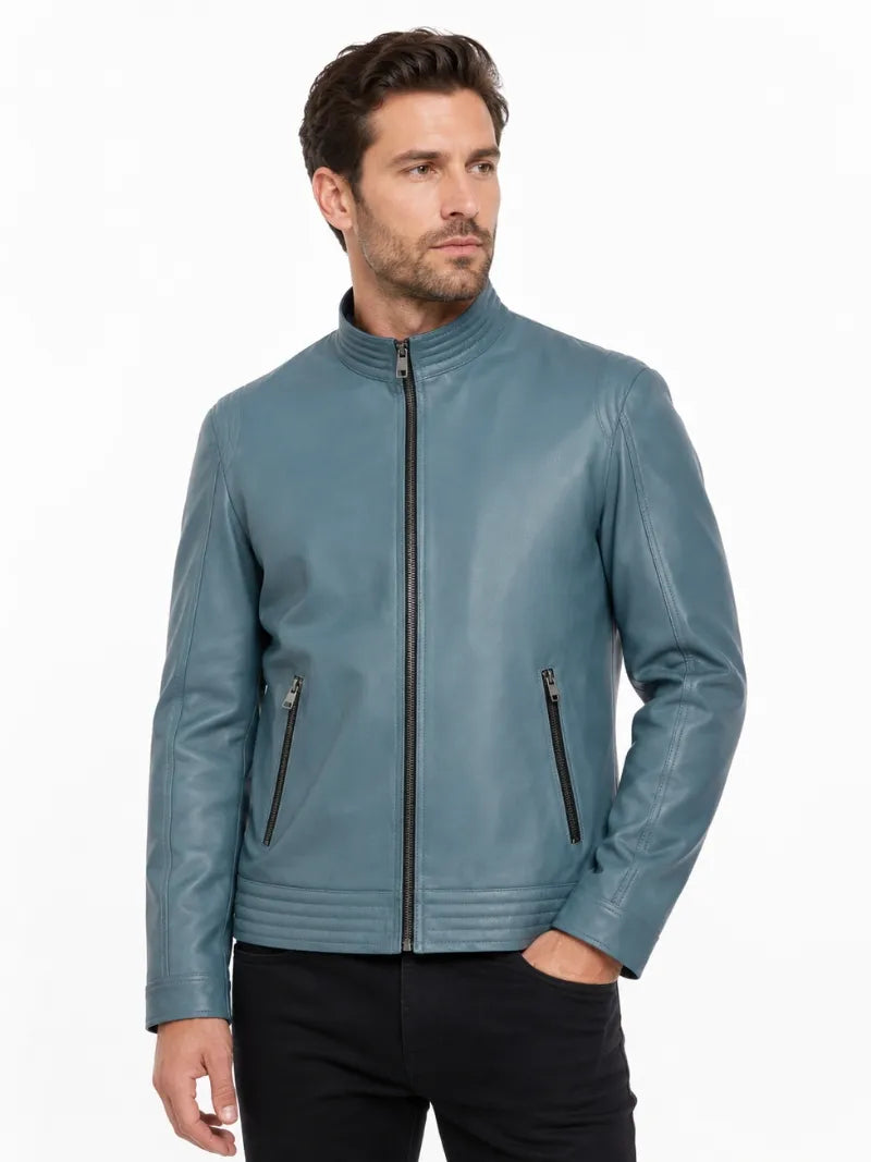 Men’s Classic Blue Leather Jacket Full
