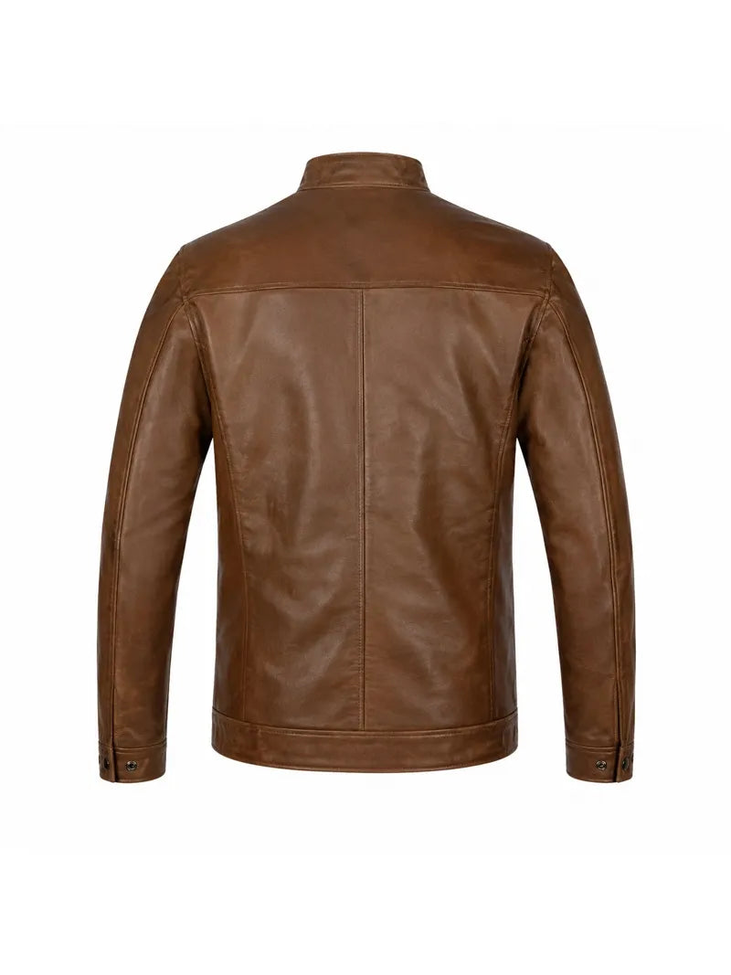 Men’s Classic Tan Leather Jacket with Snap Collar Back 