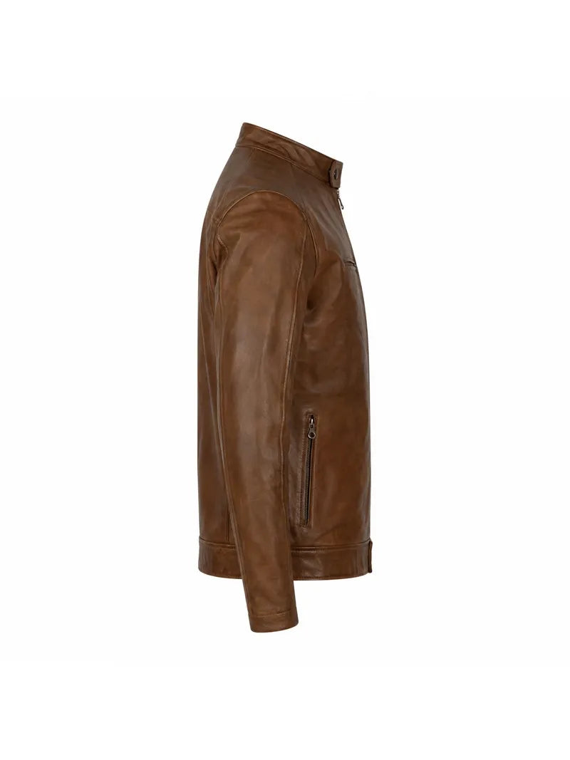 Men’s Classic Tan Leather Jacket with Snap Collar Right 