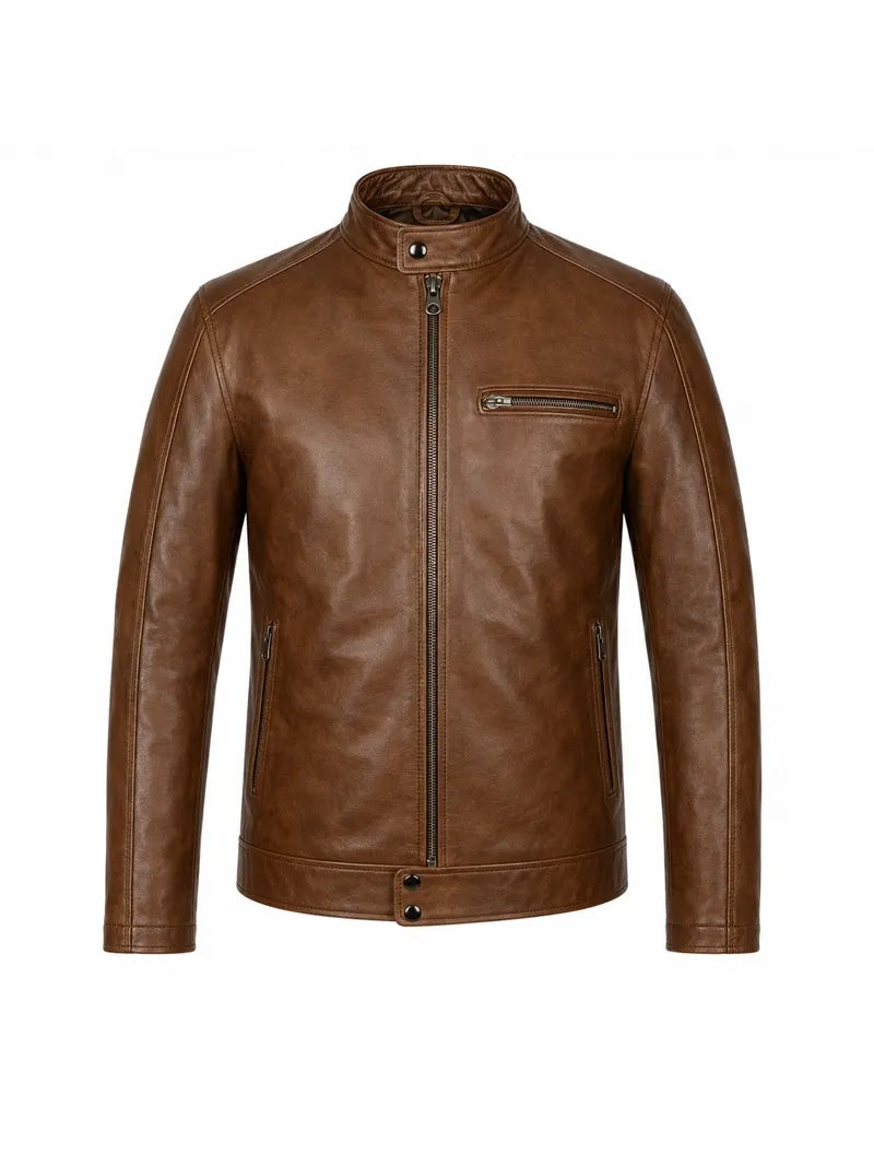 Men’s Classic Tan Leather Jacket with Snap Collar Front 